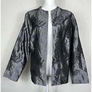Soft by Avenue Open Front Metallic Gray Fern Embroidery Jacket Plus Size 14/16
